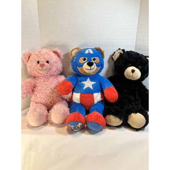 Lot Of Build A Bear Teddy Bears - BAB - Pink, Captain America And Black Bear - Picture 1 of 15